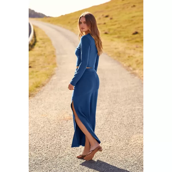 imagePRETTYGARDEN 2023 Fall 2 Piece Outfits For Women Rib Knit Crop Top And Slit Maxi Dress Skirt Sets TracksuitDenim Blue