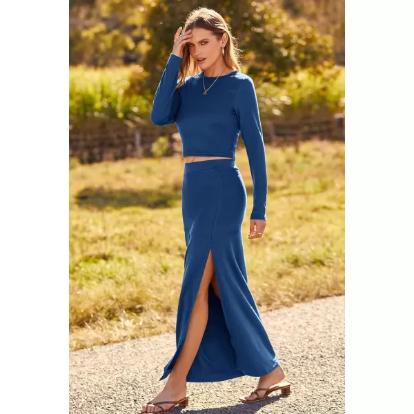 imagePRETTYGARDEN 2023 Fall 2 Piece Outfits For Women Rib Knit Crop Top And Slit Maxi Dress Skirt Sets TracksuitDenim Blue