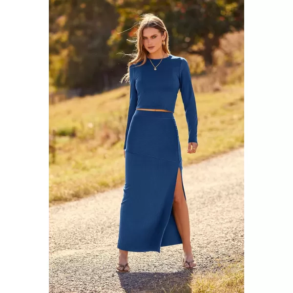 imagePRETTYGARDEN 2023 Fall 2 Piece Outfits For Women Rib Knit Crop Top And Slit Maxi Dress Skirt Sets TracksuitDenim Blue