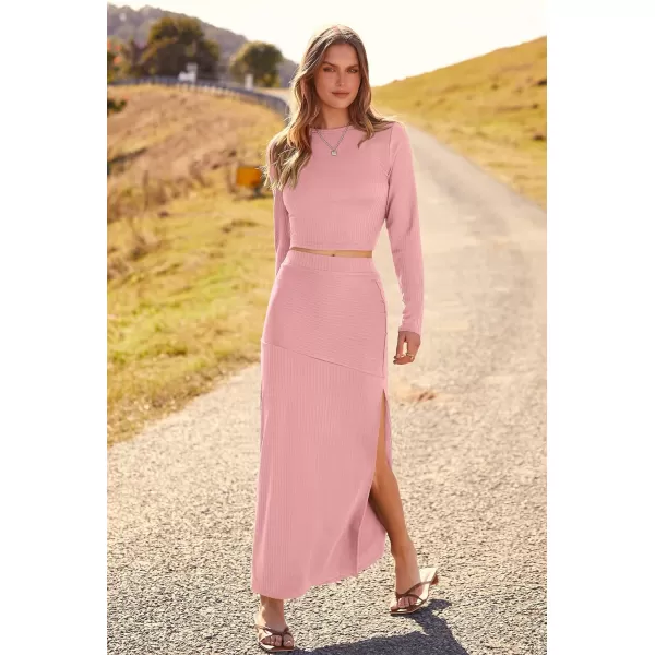 imagePRETTYGARDEN 2023 Fall 2 Piece Outfits For Women Rib Knit Crop Top And Slit Maxi Dress Skirt Sets TracksuitPink