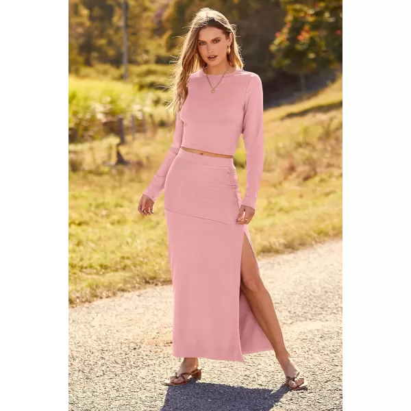 imagePRETTYGARDEN 2023 Fall 2 Piece Outfits For Women Rib Knit Crop Top And Slit Maxi Dress Skirt Sets TracksuitPink