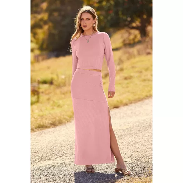 imagePRETTYGARDEN 2023 Fall 2 Piece Outfits For Women Rib Knit Crop Top And Slit Maxi Dress Skirt Sets TracksuitPink