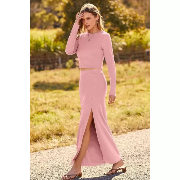 imagePRETTYGARDEN 2023 Fall 2 Piece Outfits For Women Rib Knit Crop Top And Slit Maxi Dress Skirt Sets TracksuitPink
