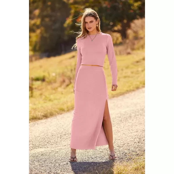 imagePRETTYGARDEN 2023 Fall 2 Piece Outfits For Women Rib Knit Crop Top And Slit Maxi Dress Skirt Sets TracksuitPink