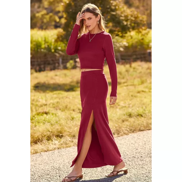 imagePRETTYGARDEN 2023 Fall 2 Piece Outfits For Women Rib Knit Crop Top And Slit Maxi Dress Skirt Sets TracksuitWine Red