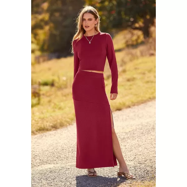 imagePRETTYGARDEN 2023 Fall 2 Piece Outfits For Women Rib Knit Crop Top And Slit Maxi Dress Skirt Sets TracksuitWine Red