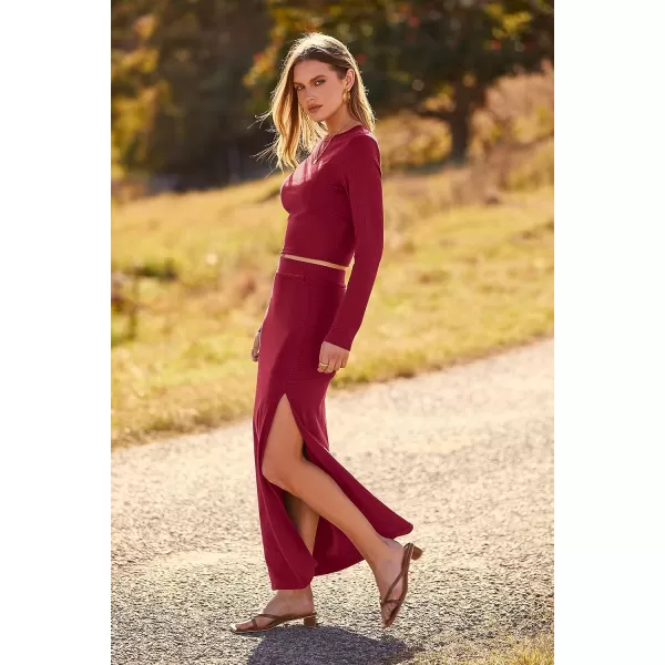 imagePRETTYGARDEN 2023 Fall 2 Piece Outfits For Women Rib Knit Crop Top And Slit Maxi Dress Skirt Sets TracksuitWine Red