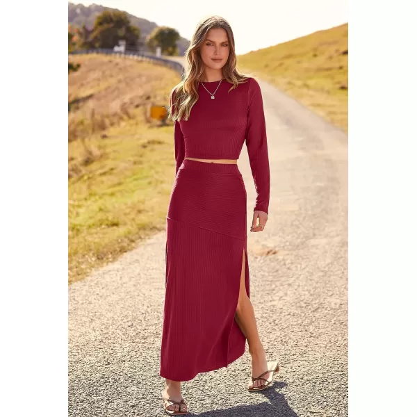 imagePRETTYGARDEN 2023 Fall 2 Piece Outfits For Women Rib Knit Crop Top And Slit Maxi Dress Skirt Sets TracksuitWine Red