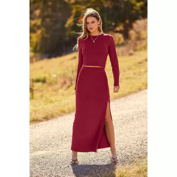 imagePRETTYGARDEN 2023 Fall 2 Piece Outfits For Women Rib Knit Crop Top And Slit Maxi Dress Skirt Sets TracksuitWine Red