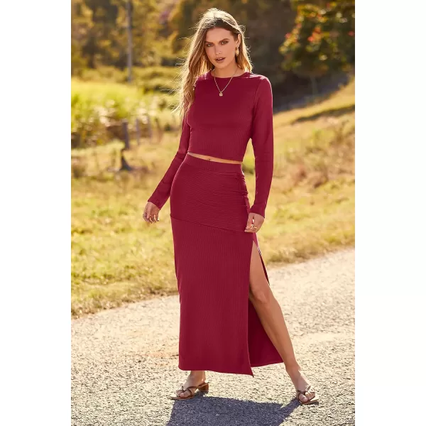 imagePRETTYGARDEN 2023 Fall 2 Piece Outfits For Women Rib Knit Crop Top And Slit Maxi Dress Skirt Sets TracksuitWine Red