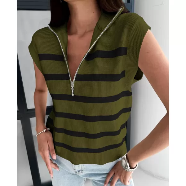imagePRETTYGARDEN 2024 Summer T Shirts for Women Casual 12 Zip Cap Sleeve V Neck Striped Knit Tee Tops BlousesStriped Army Green Black