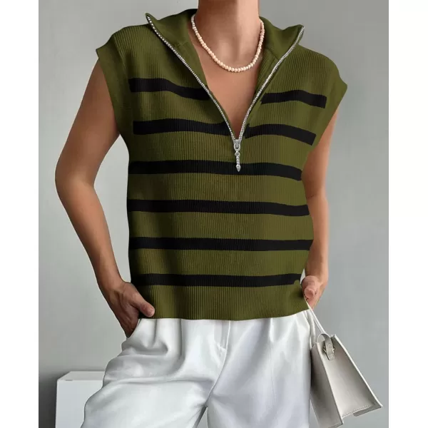 imagePRETTYGARDEN 2024 Summer T Shirts for Women Casual 12 Zip Cap Sleeve V Neck Striped Knit Tee Tops BlousesStriped Army Green Black