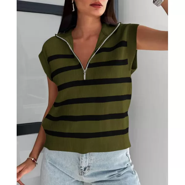 imagePRETTYGARDEN 2024 Summer T Shirts for Women Casual 12 Zip Cap Sleeve V Neck Striped Knit Tee Tops BlousesStriped Army Green Black