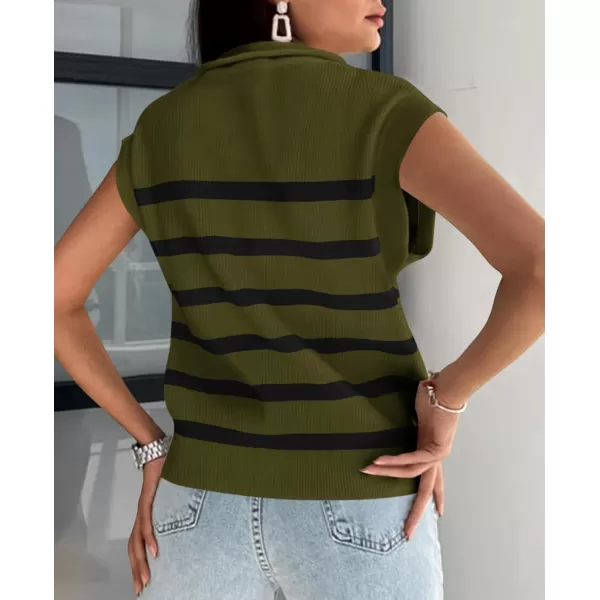 imagePRETTYGARDEN 2024 Summer T Shirts for Women Casual 12 Zip Cap Sleeve V Neck Striped Knit Tee Tops BlousesStriped Army Green Black