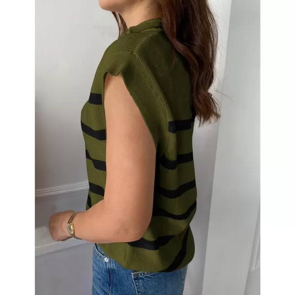 imagePRETTYGARDEN 2024 Summer T Shirts for Women Casual 12 Zip Cap Sleeve V Neck Striped Knit Tee Tops BlousesStriped Army Green Black
