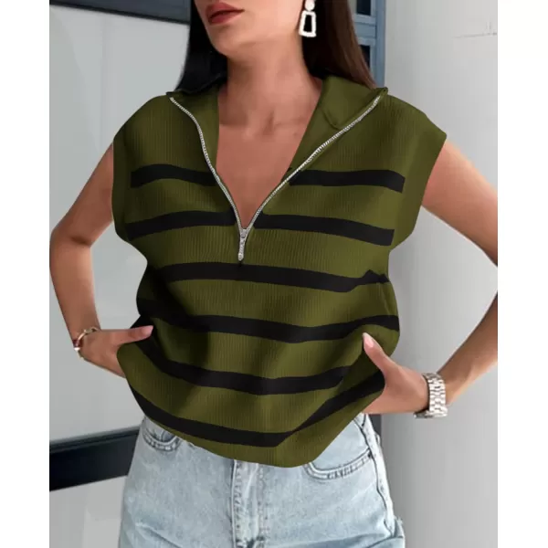 imagePRETTYGARDEN 2024 Summer T Shirts for Women Casual 12 Zip Cap Sleeve V Neck Striped Knit Tee Tops BlousesStriped Army Green Black