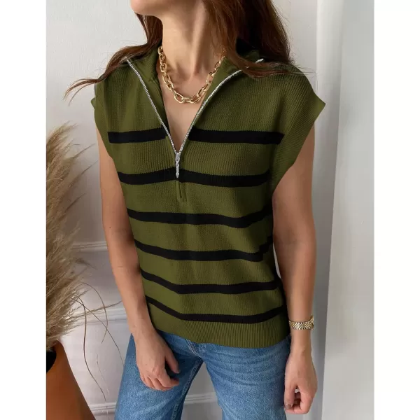 imagePRETTYGARDEN 2024 Summer T Shirts for Women Casual 12 Zip Cap Sleeve V Neck Striped Knit Tee Tops BlousesStriped Army Green Black