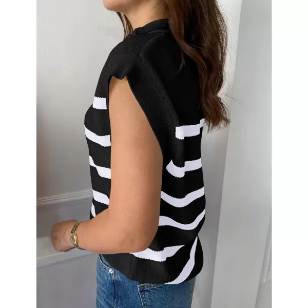 imagePRETTYGARDEN 2024 Summer T Shirts for Women Casual 12 Zip Cap Sleeve V Neck Striped Knit Tee Tops BlousesStriped Black White
