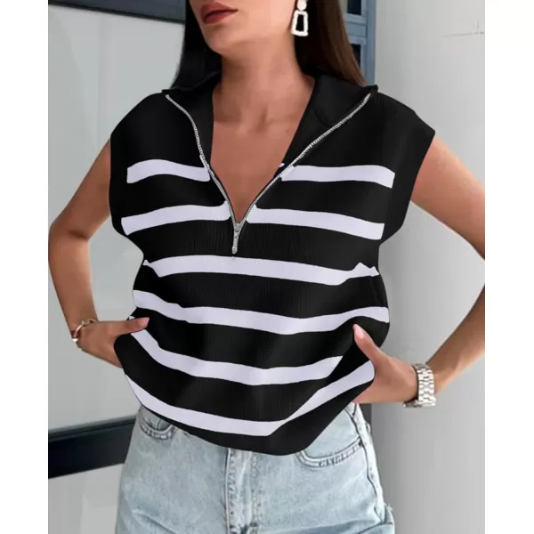 imagePRETTYGARDEN 2024 Summer T Shirts for Women Casual 12 Zip Cap Sleeve V Neck Striped Knit Tee Tops BlousesStriped Black White