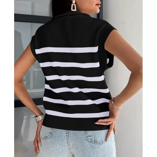 imagePRETTYGARDEN 2024 Summer T Shirts for Women Casual 12 Zip Cap Sleeve V Neck Striped Knit Tee Tops BlousesStriped Black White