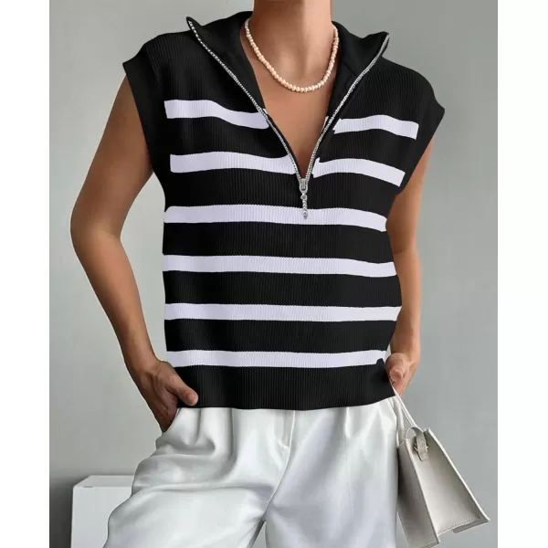 imagePRETTYGARDEN 2024 Summer T Shirts for Women Casual 12 Zip Cap Sleeve V Neck Striped Knit Tee Tops BlousesStriped Black White
