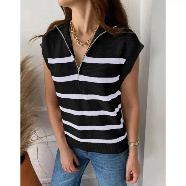 imagePRETTYGARDEN 2024 Summer T Shirts for Women Casual 12 Zip Cap Sleeve V Neck Striped Knit Tee Tops BlousesStriped Black White
