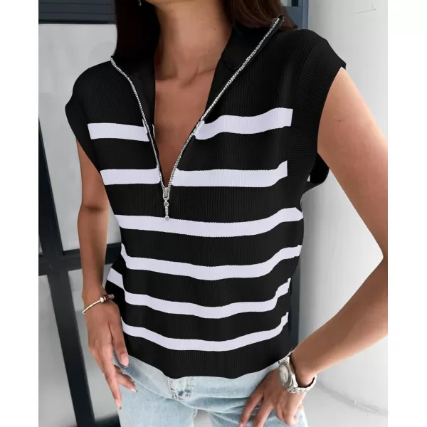 imagePRETTYGARDEN 2024 Summer T Shirts for Women Casual 12 Zip Cap Sleeve V Neck Striped Knit Tee Tops BlousesStriped Black White