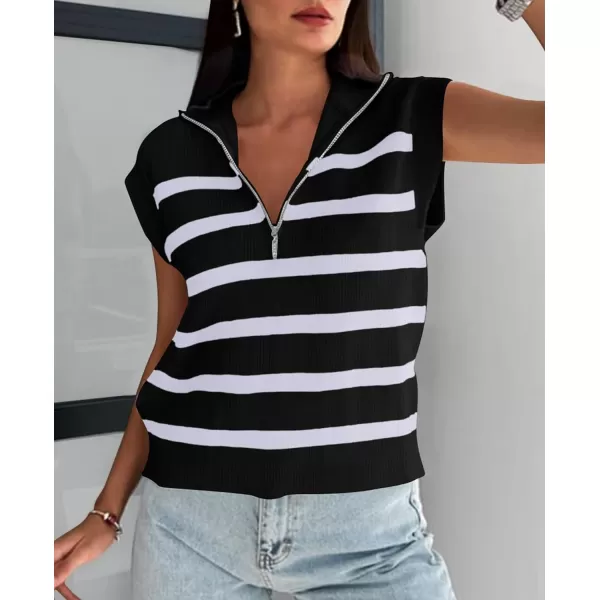 imagePRETTYGARDEN 2024 Summer T Shirts for Women Casual 12 Zip Cap Sleeve V Neck Striped Knit Tee Tops BlousesStriped Black White