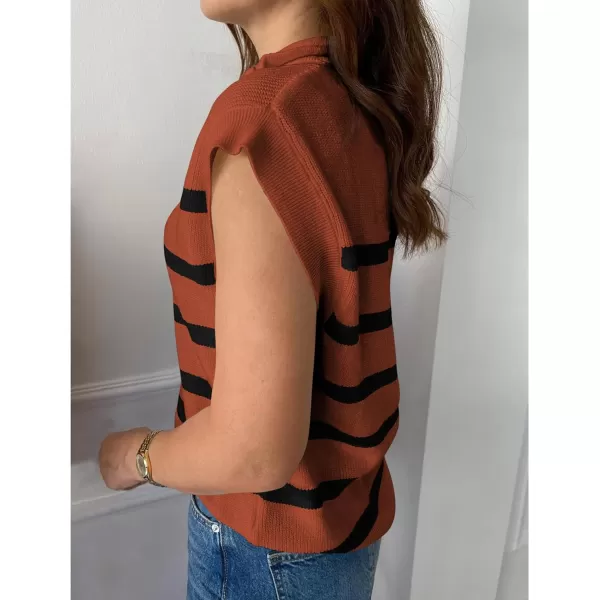 imagePRETTYGARDEN 2024 Summer T Shirts for Women Casual 12 Zip Cap Sleeve V Neck Striped Knit Tee Tops BlousesStriped Brown Black