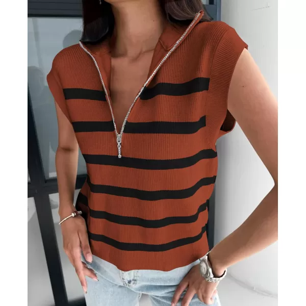 imagePRETTYGARDEN 2024 Summer T Shirts for Women Casual 12 Zip Cap Sleeve V Neck Striped Knit Tee Tops BlousesStriped Brown Black