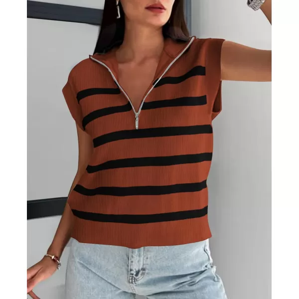 imagePRETTYGARDEN 2024 Summer T Shirts for Women Casual 12 Zip Cap Sleeve V Neck Striped Knit Tee Tops BlousesStriped Brown Black