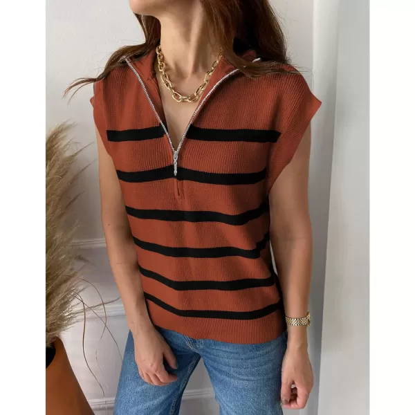 imagePRETTYGARDEN 2024 Summer T Shirts for Women Casual 12 Zip Cap Sleeve V Neck Striped Knit Tee Tops BlousesStriped Brown Black