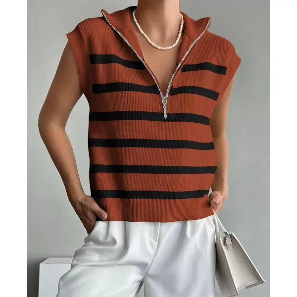 imagePRETTYGARDEN 2024 Summer T Shirts for Women Casual 12 Zip Cap Sleeve V Neck Striped Knit Tee Tops BlousesStriped Brown Black