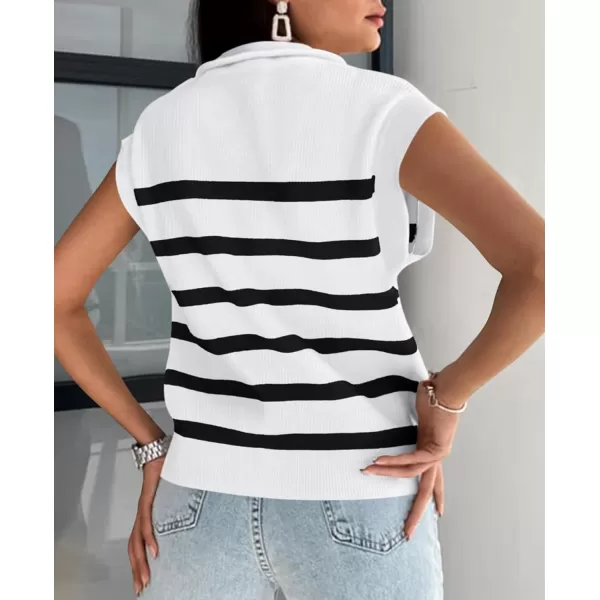 imagePRETTYGARDEN 2024 Summer T Shirts for Women Casual 12 Zip Cap Sleeve V Neck Striped Knit Tee Tops BlousesStriped White Black