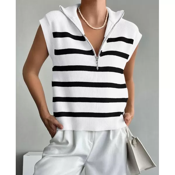 imagePRETTYGARDEN 2024 Summer T Shirts for Women Casual 12 Zip Cap Sleeve V Neck Striped Knit Tee Tops BlousesStriped White Black