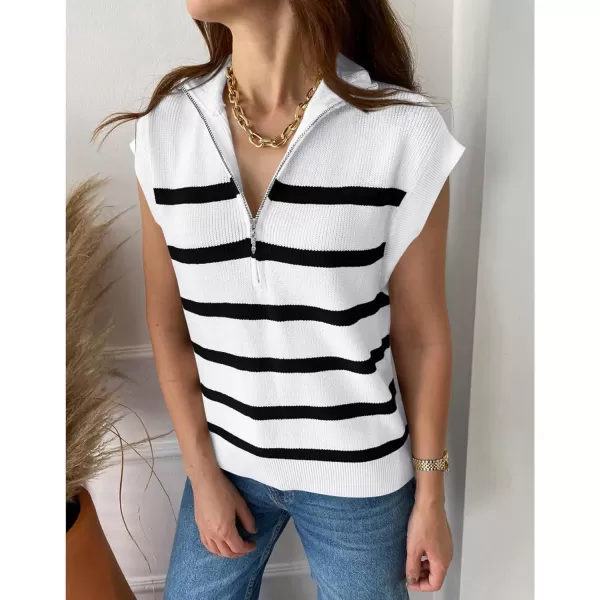 imagePRETTYGARDEN 2024 Summer T Shirts for Women Casual 12 Zip Cap Sleeve V Neck Striped Knit Tee Tops BlousesStriped White Black