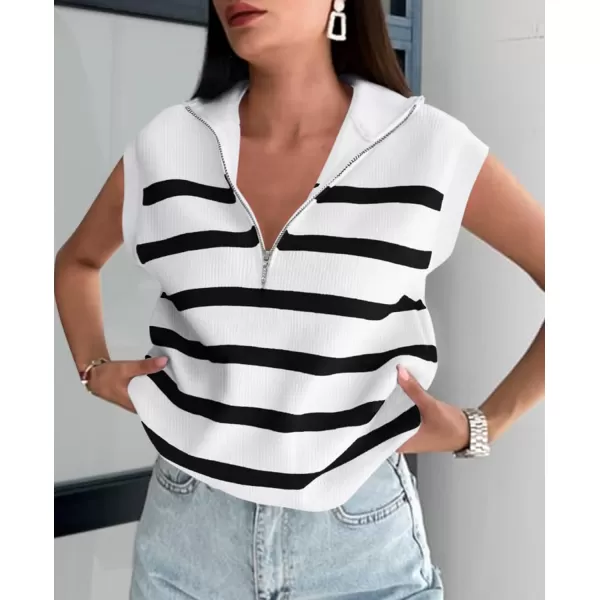 imagePRETTYGARDEN 2024 Summer T Shirts for Women Casual 12 Zip Cap Sleeve V Neck Striped Knit Tee Tops BlousesStriped White Black