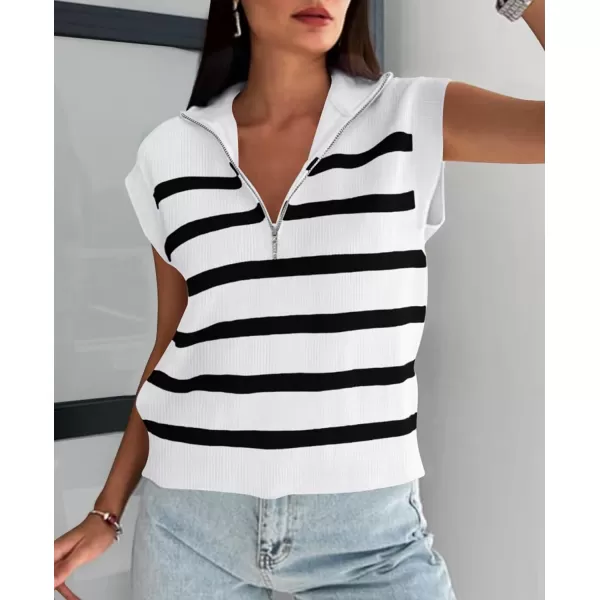 imagePRETTYGARDEN 2024 Summer T Shirts for Women Casual 12 Zip Cap Sleeve V Neck Striped Knit Tee Tops BlousesStriped White Black