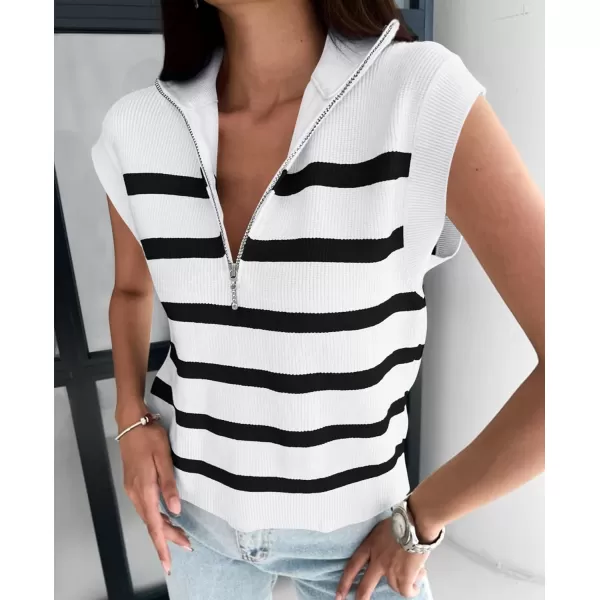 imagePRETTYGARDEN 2024 Summer T Shirts for Women Casual 12 Zip Cap Sleeve V Neck Striped Knit Tee Tops BlousesStriped White Black