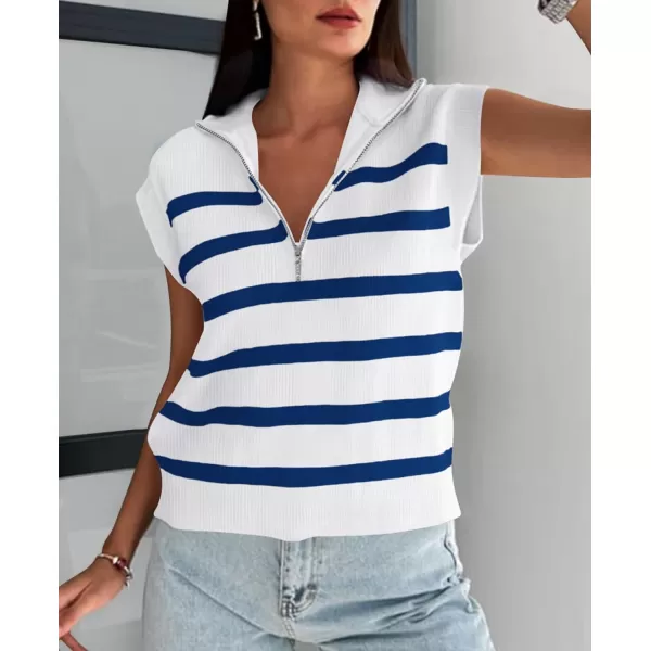 imagePRETTYGARDEN 2024 Summer T Shirts for Women Casual 12 Zip Cap Sleeve V Neck Striped Knit Tee Tops BlousesStriped White Blue