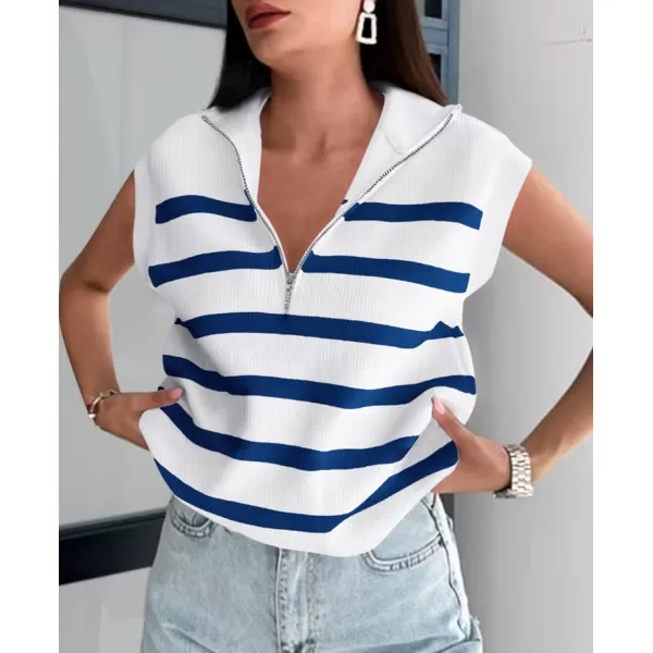 imagePRETTYGARDEN 2024 Summer T Shirts for Women Casual 12 Zip Cap Sleeve V Neck Striped Knit Tee Tops BlousesStriped White Blue