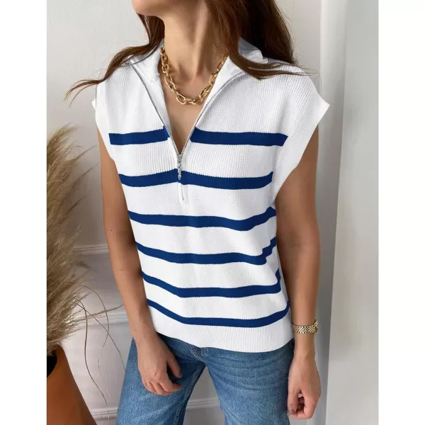 imagePRETTYGARDEN 2024 Summer T Shirts for Women Casual 12 Zip Cap Sleeve V Neck Striped Knit Tee Tops BlousesStriped White Blue