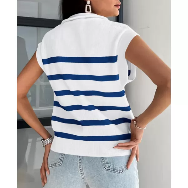 imagePRETTYGARDEN 2024 Summer T Shirts for Women Casual 12 Zip Cap Sleeve V Neck Striped Knit Tee Tops BlousesStriped White Blue