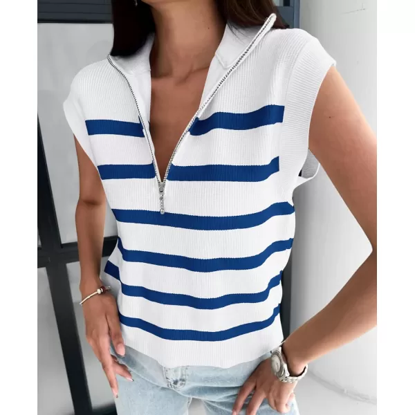 imagePRETTYGARDEN 2024 Summer T Shirts for Women Casual 12 Zip Cap Sleeve V Neck Striped Knit Tee Tops BlousesStriped White Blue