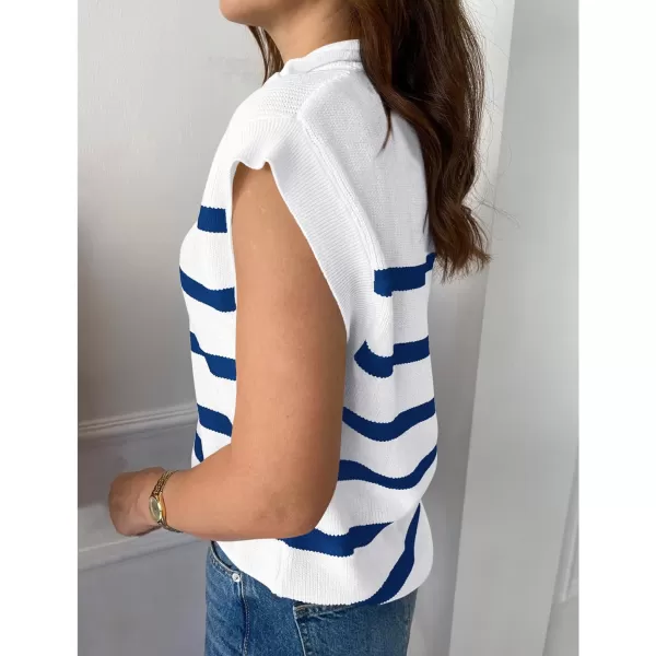 imagePRETTYGARDEN 2024 Summer T Shirts for Women Casual 12 Zip Cap Sleeve V Neck Striped Knit Tee Tops BlousesStriped White Blue