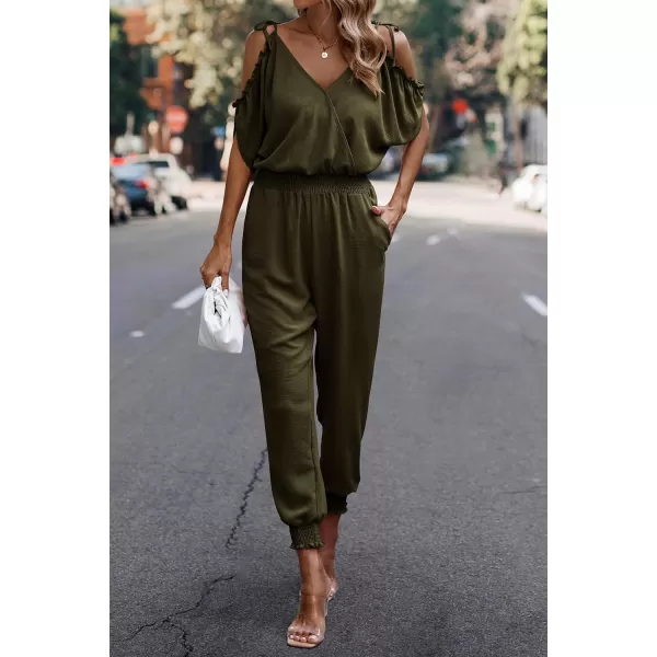 imagePRETTYGARDEN Jumpsuit for Women Casual Wrap V Neck Cold Shoulder One Piece Outfits Pants RomperArmy Green