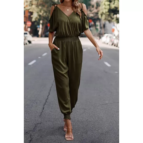 imagePRETTYGARDEN Jumpsuit for Women Casual Wrap V Neck Cold Shoulder One Piece Outfits Pants RomperArmy Green