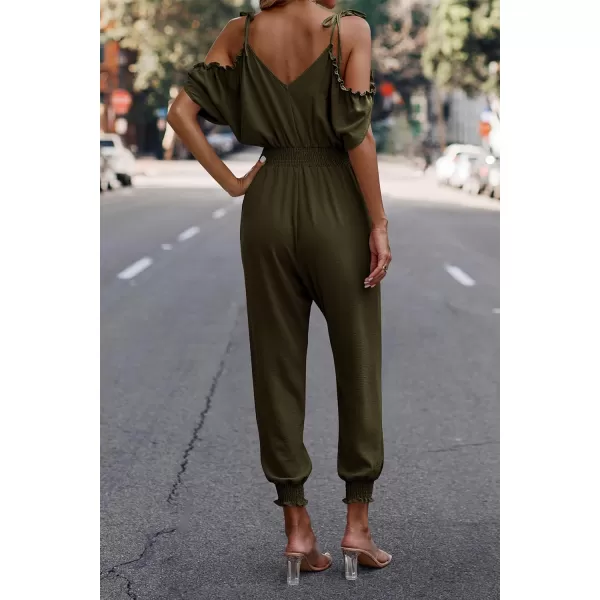 imagePRETTYGARDEN Jumpsuit for Women Casual Wrap V Neck Cold Shoulder One Piece Outfits Pants RomperArmy Green