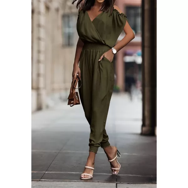 imagePRETTYGARDEN Jumpsuit for Women Casual Wrap V Neck Cold Shoulder One Piece Outfits Pants RomperArmy Green