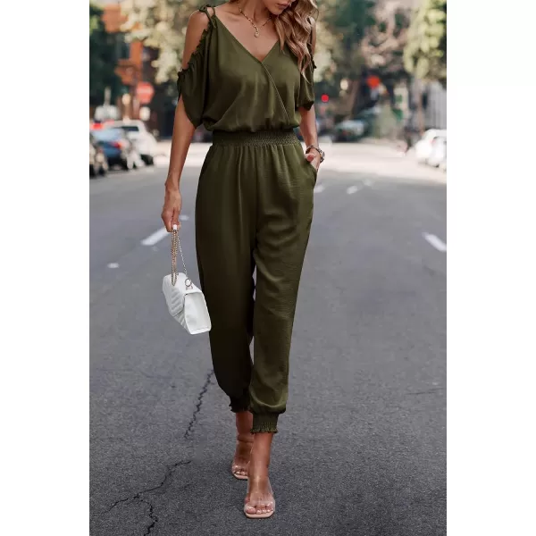 imagePRETTYGARDEN Jumpsuit for Women Casual Wrap V Neck Cold Shoulder One Piece Outfits Pants RomperArmy Green